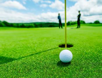 Golf Ball next to hole in ground